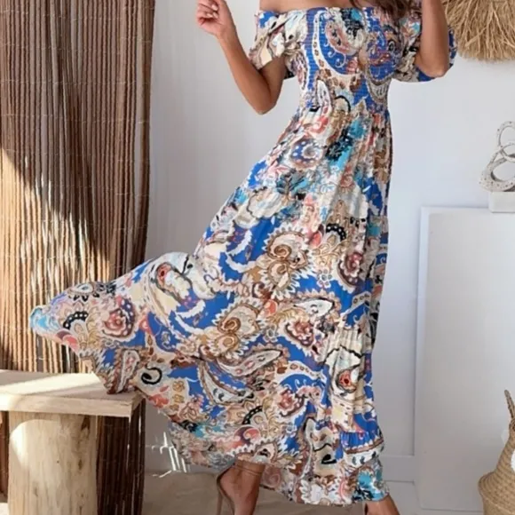 Smocked Paisley Harmony Maxi Dress - Blue