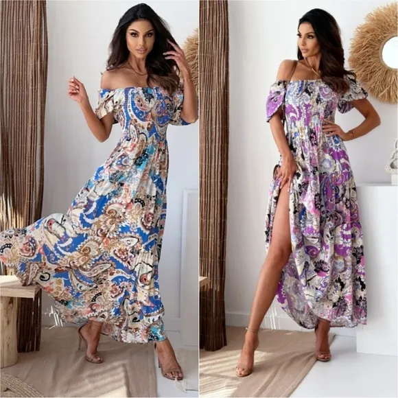 Smocked Paisley Harmony Maxi Dress - Blue