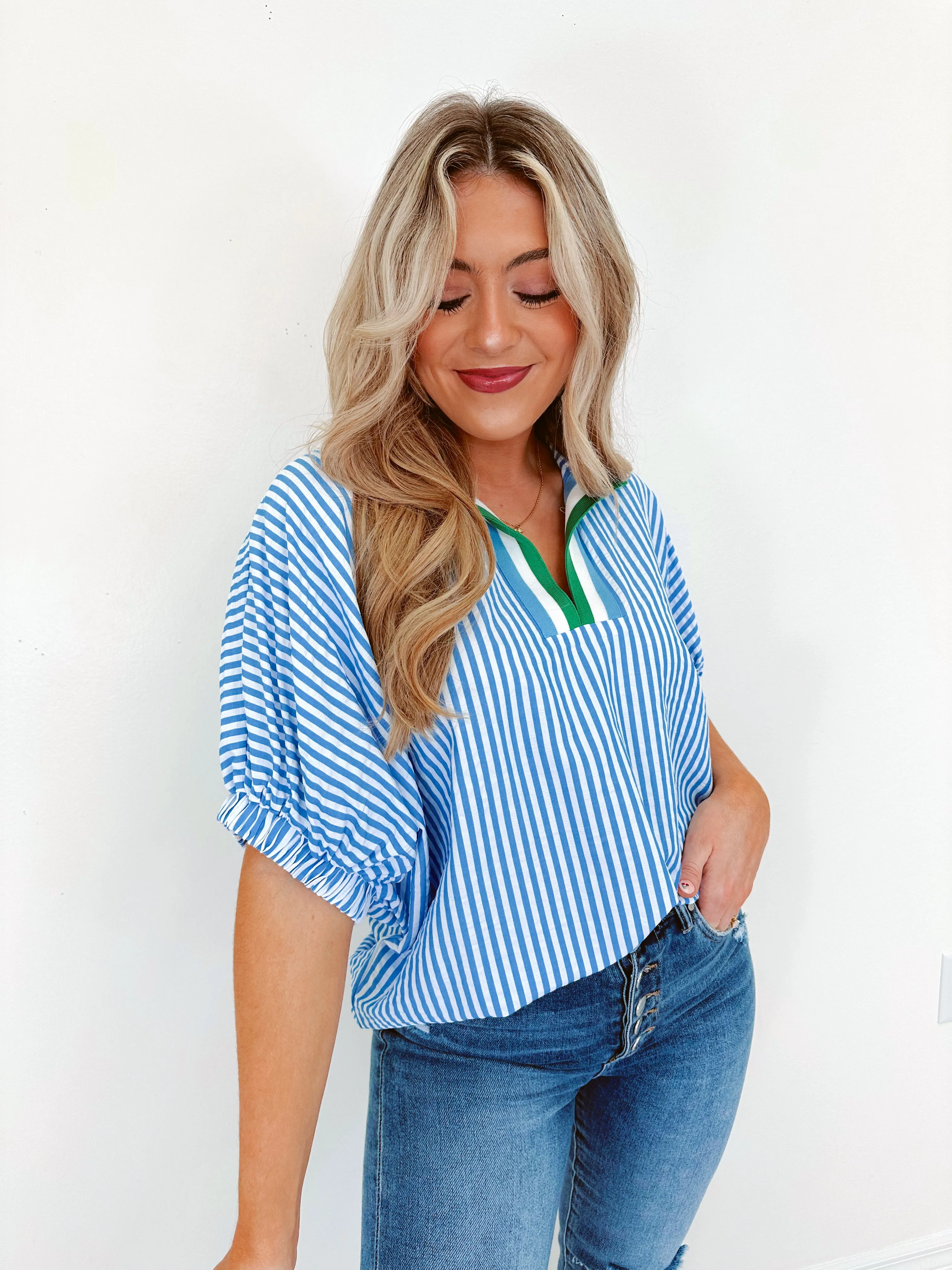 Springtime Stripes Henley Top - Blue