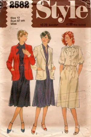 Style 2582 Womens Puff Sleeved Dress & Blazer Jacket 1970s Vintage Sewing Pattern Size 12 Bust 34 inches UNCUT Factory Folded