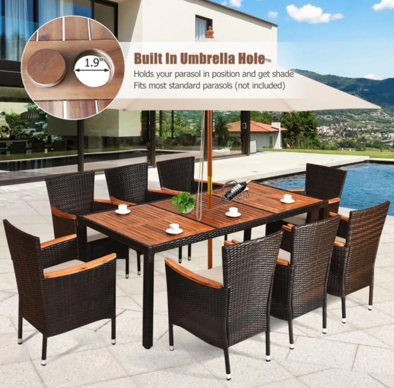 Super Duty Relaxing 9-Piece Outdoor Dining Set With Umbrella Hole | Acacia Wood | Comfy Waterproof Cushions | Rattan | Easy Assembly | Easy Maintenance