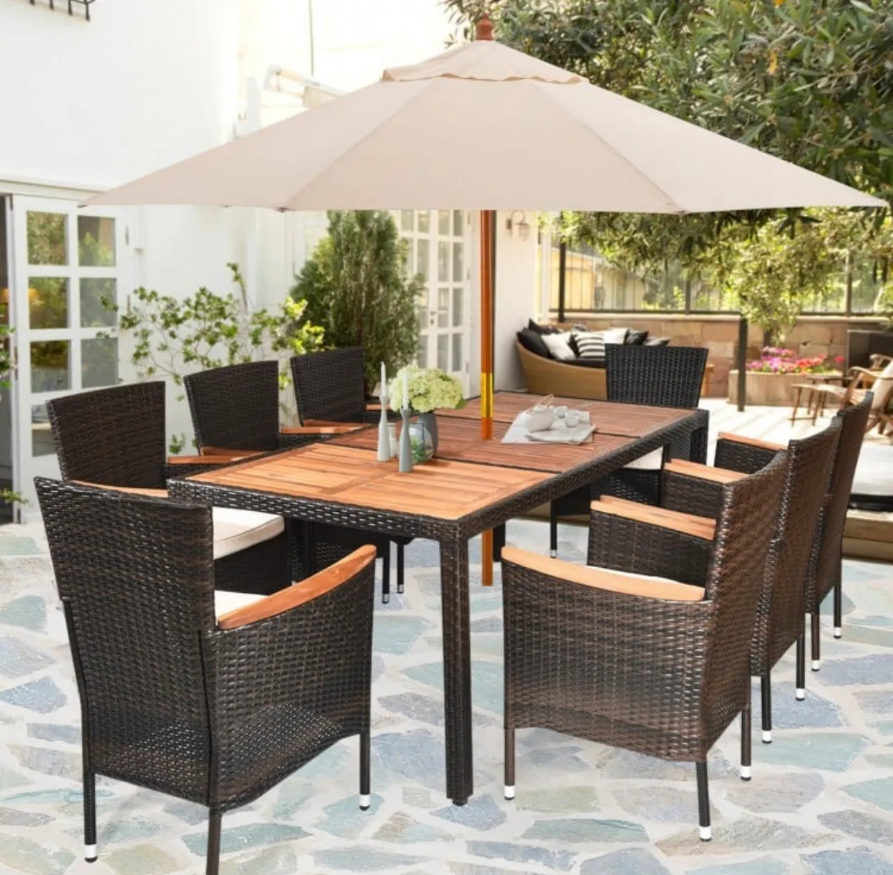 Super Duty Relaxing 9-Piece Outdoor Dining Set With Umbrella Hole | Acacia Wood | Comfy Waterproof Cushions | Rattan | Easy Assembly | Easy Maintenance