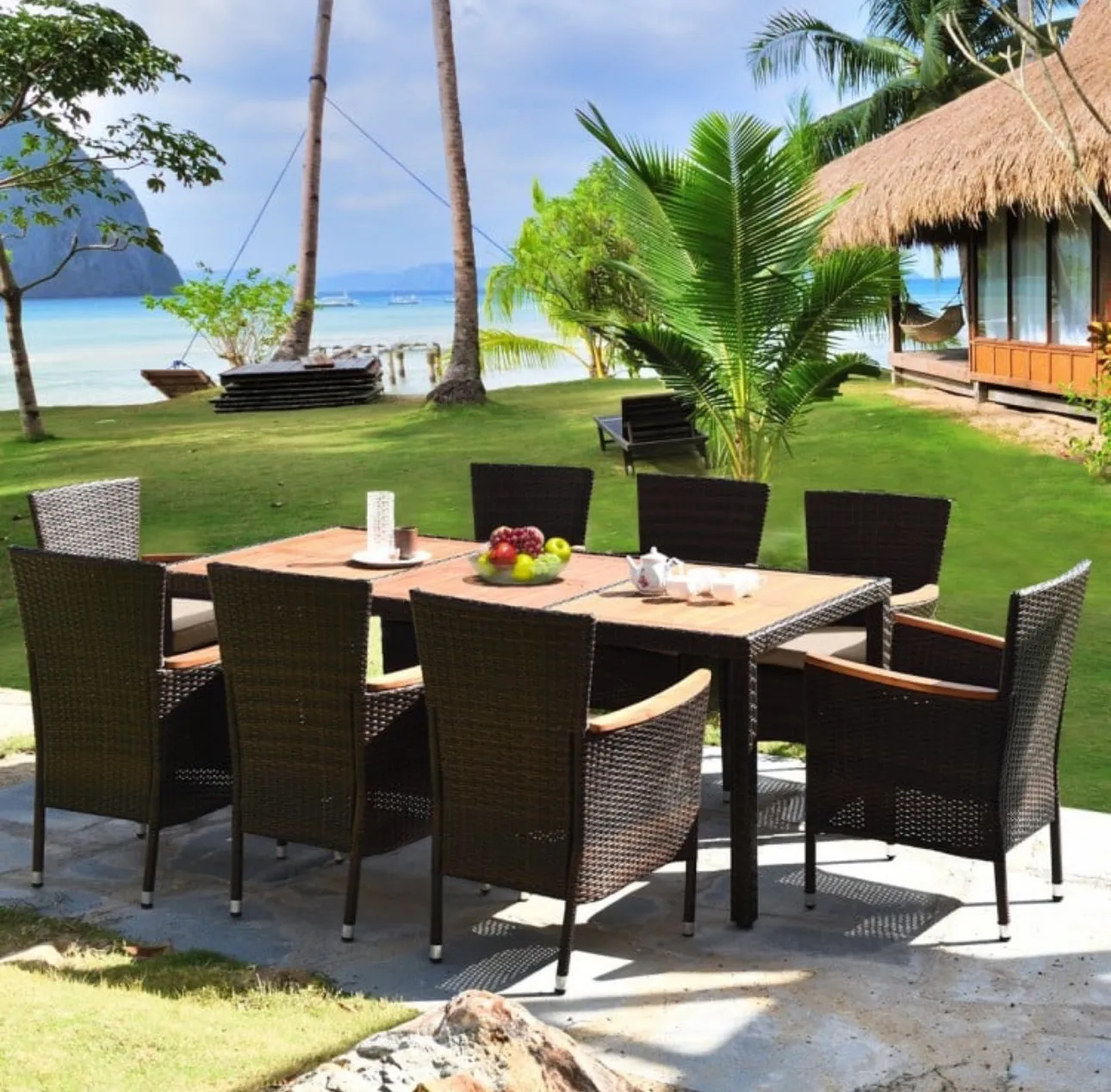 Super Duty Relaxing 9-Piece Outdoor Dining Set With Umbrella Hole | Acacia Wood | Comfy Waterproof Cushions | Rattan | Easy Assembly | Easy Maintenance