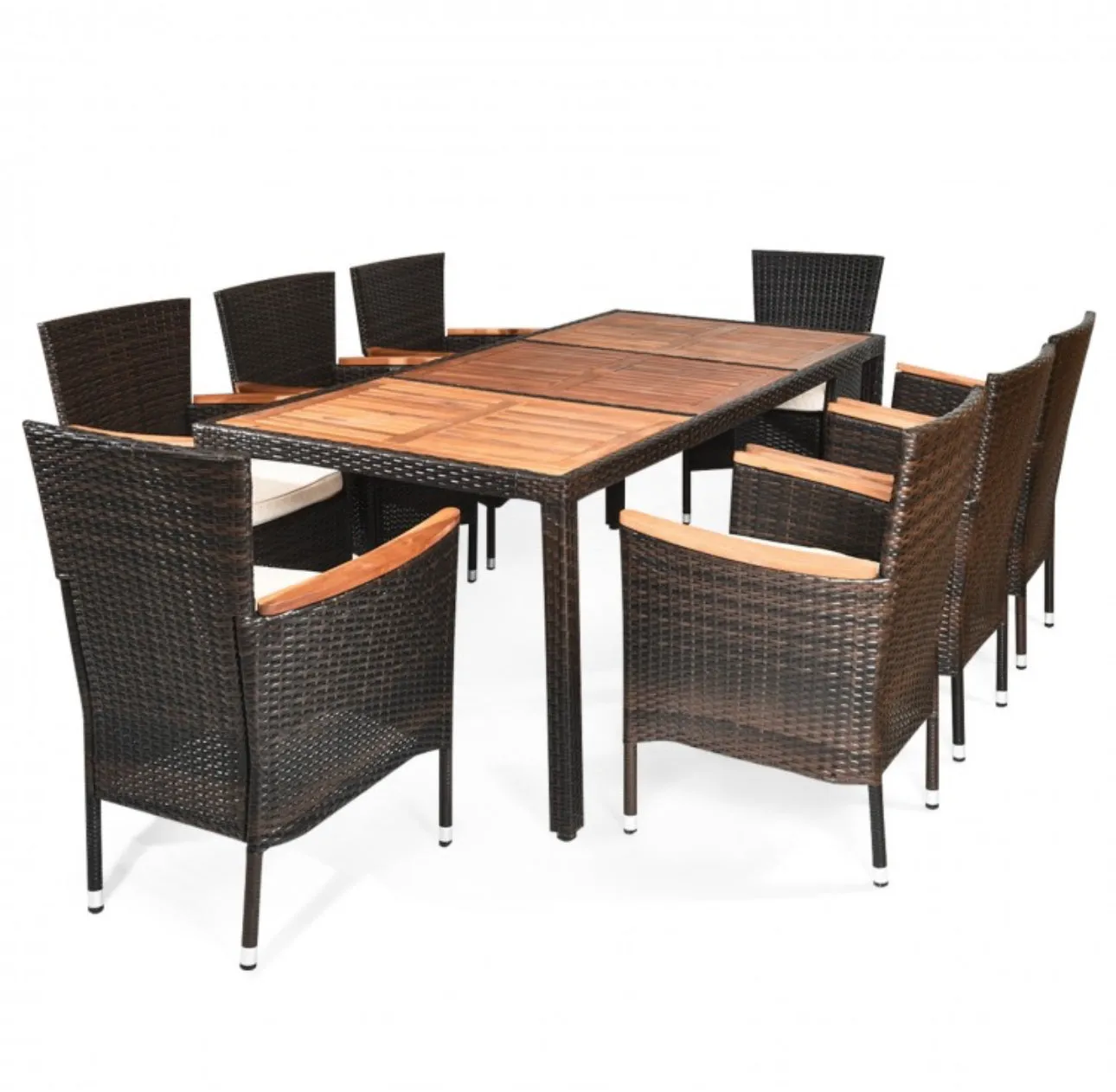 Super Duty Relaxing 9-Piece Outdoor Dining Set With Umbrella Hole | Acacia Wood | Comfy Waterproof Cushions | Rattan | Easy Assembly | Easy Maintenance