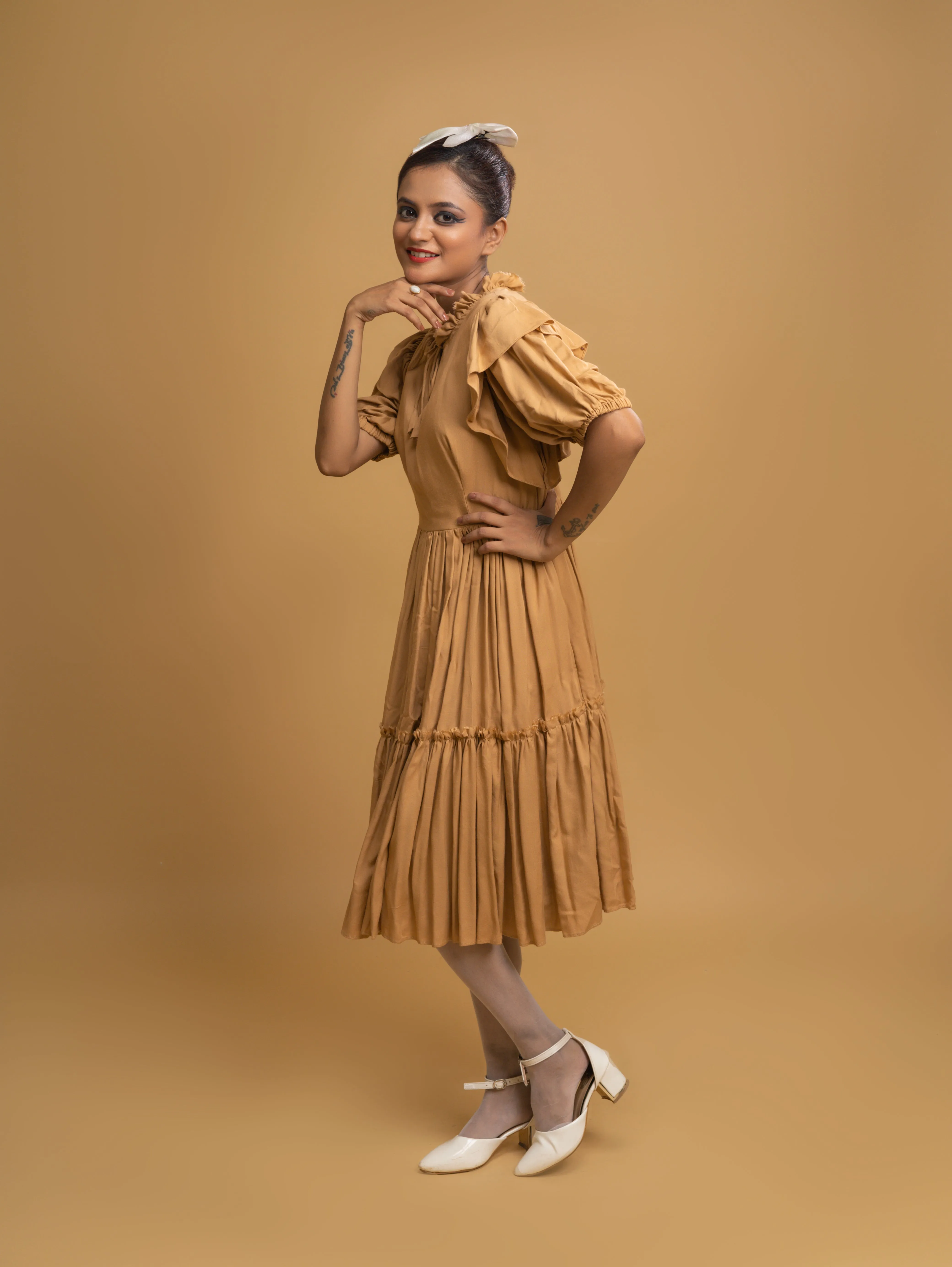 TAN RUFFLE TIERED DRESS