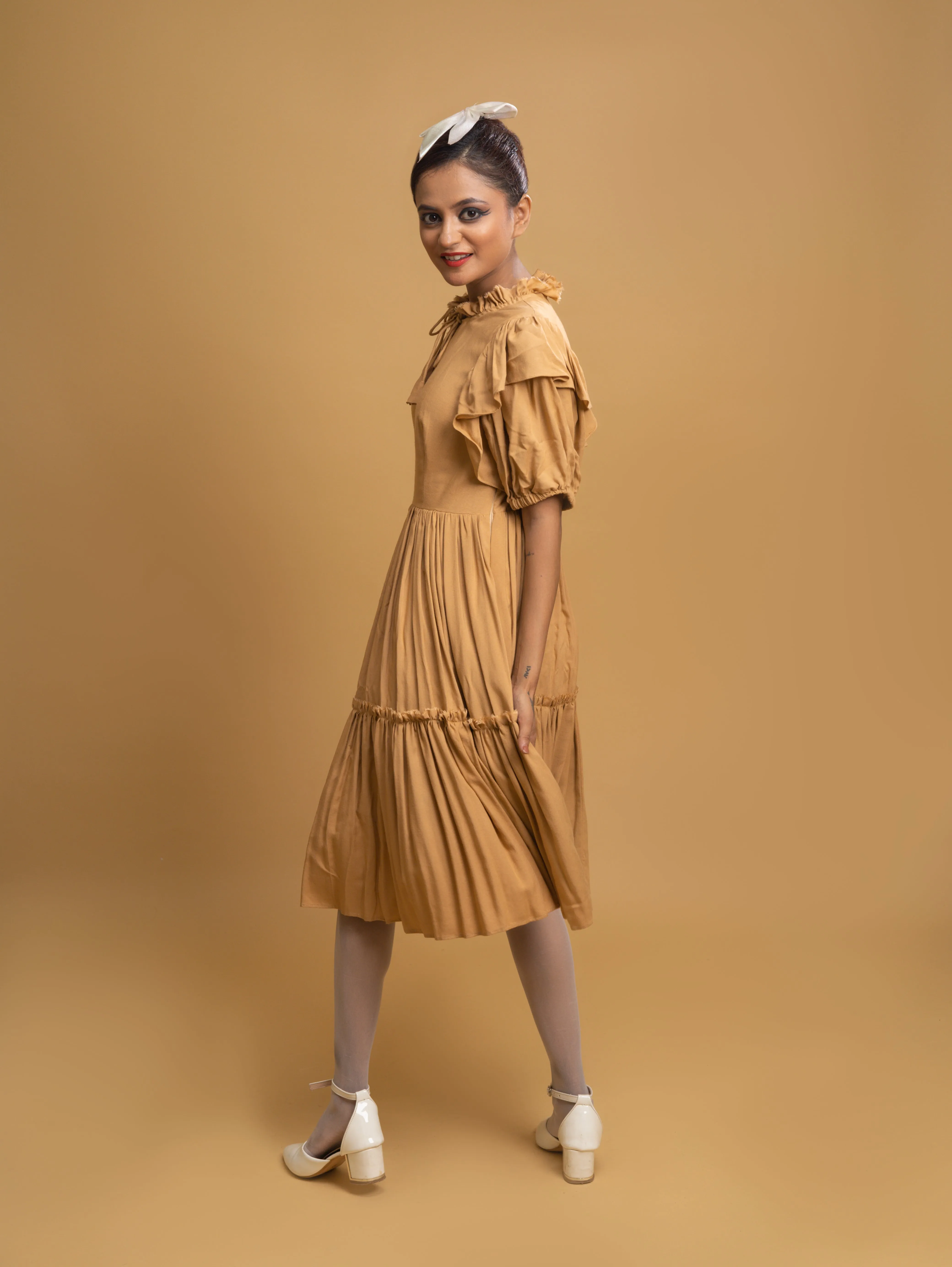 TAN RUFFLE TIERED DRESS