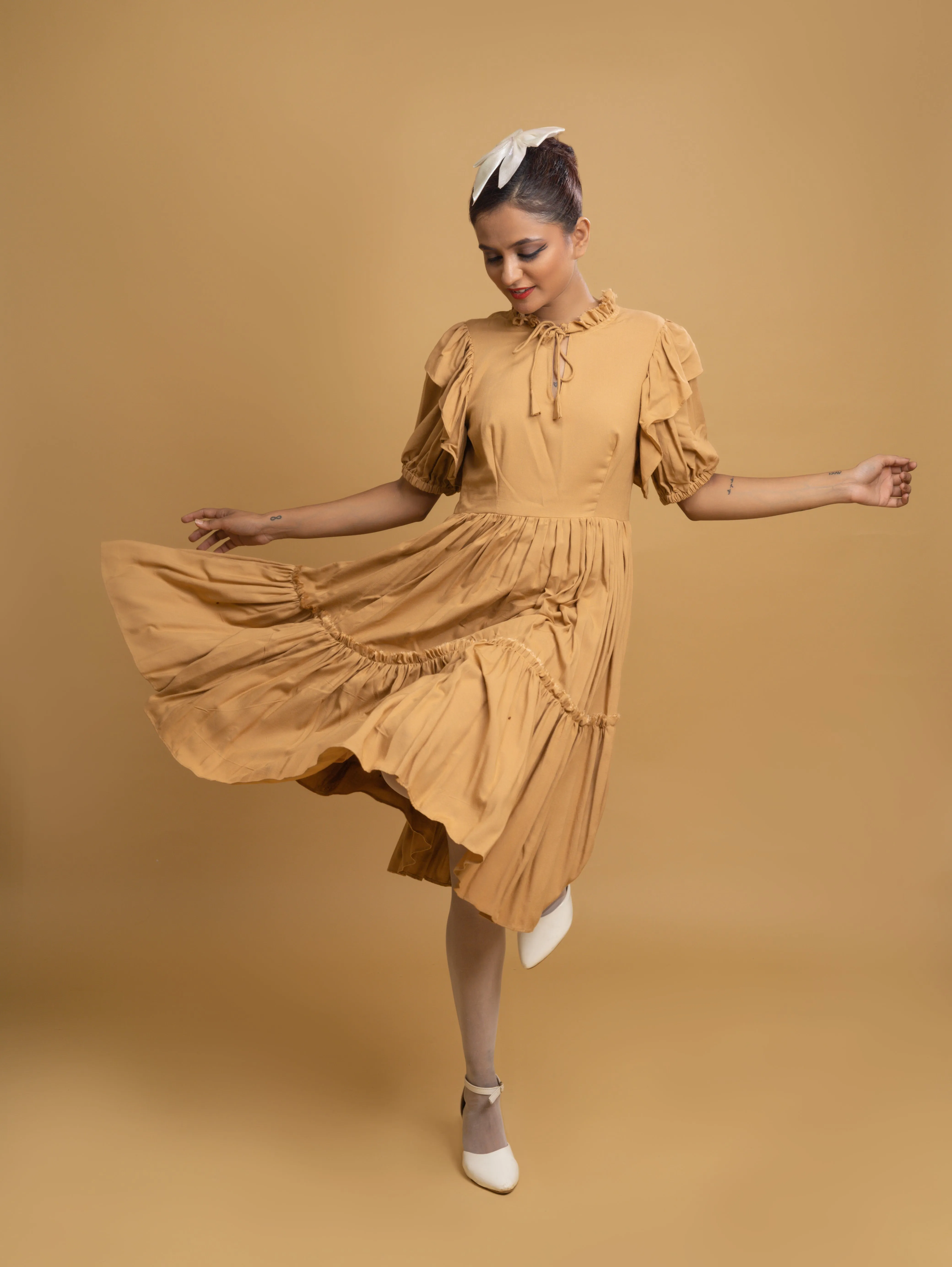 TAN RUFFLE TIERED DRESS