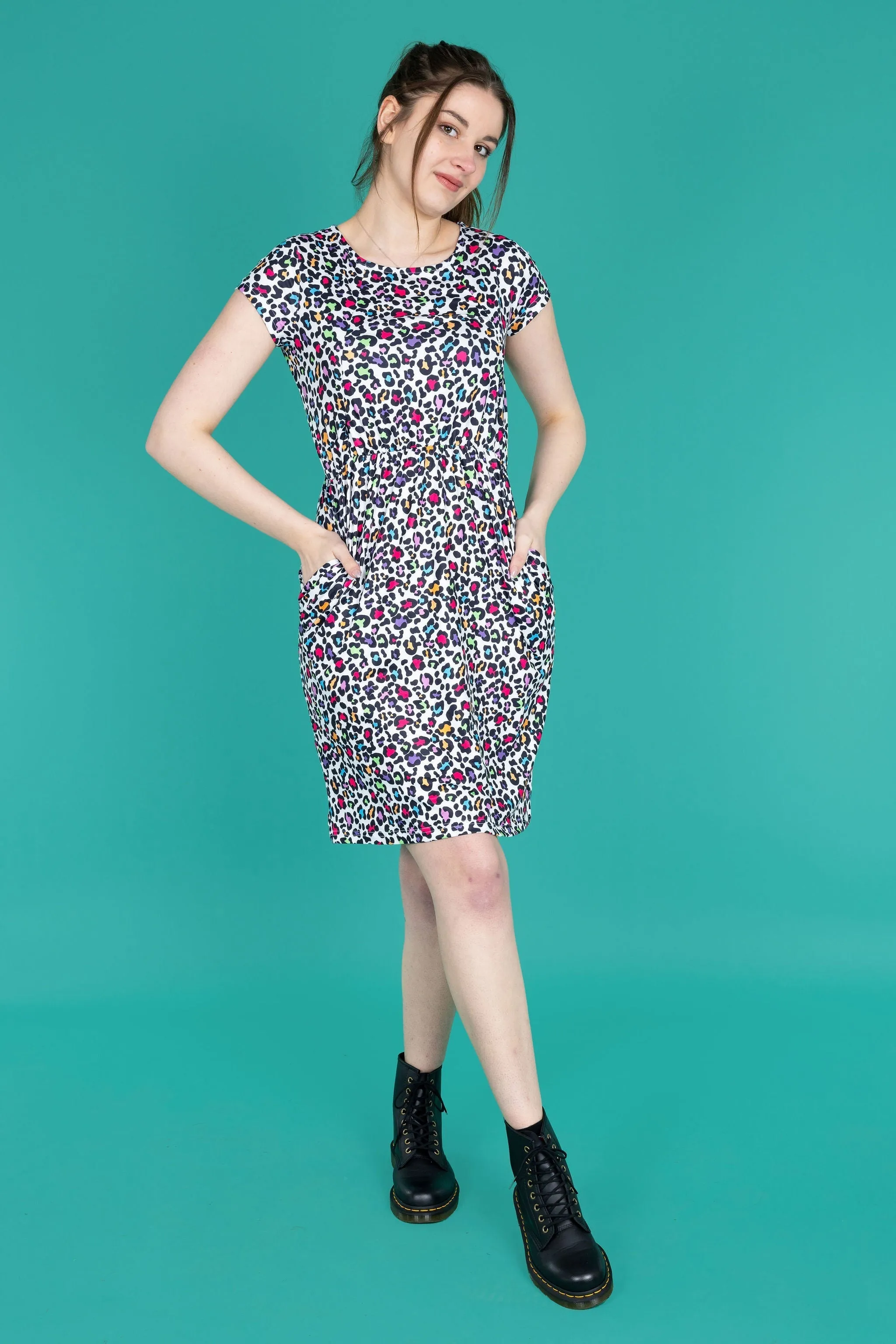 The Knee Length Breastfeeding Dress - Ruby Rainbow Leopard