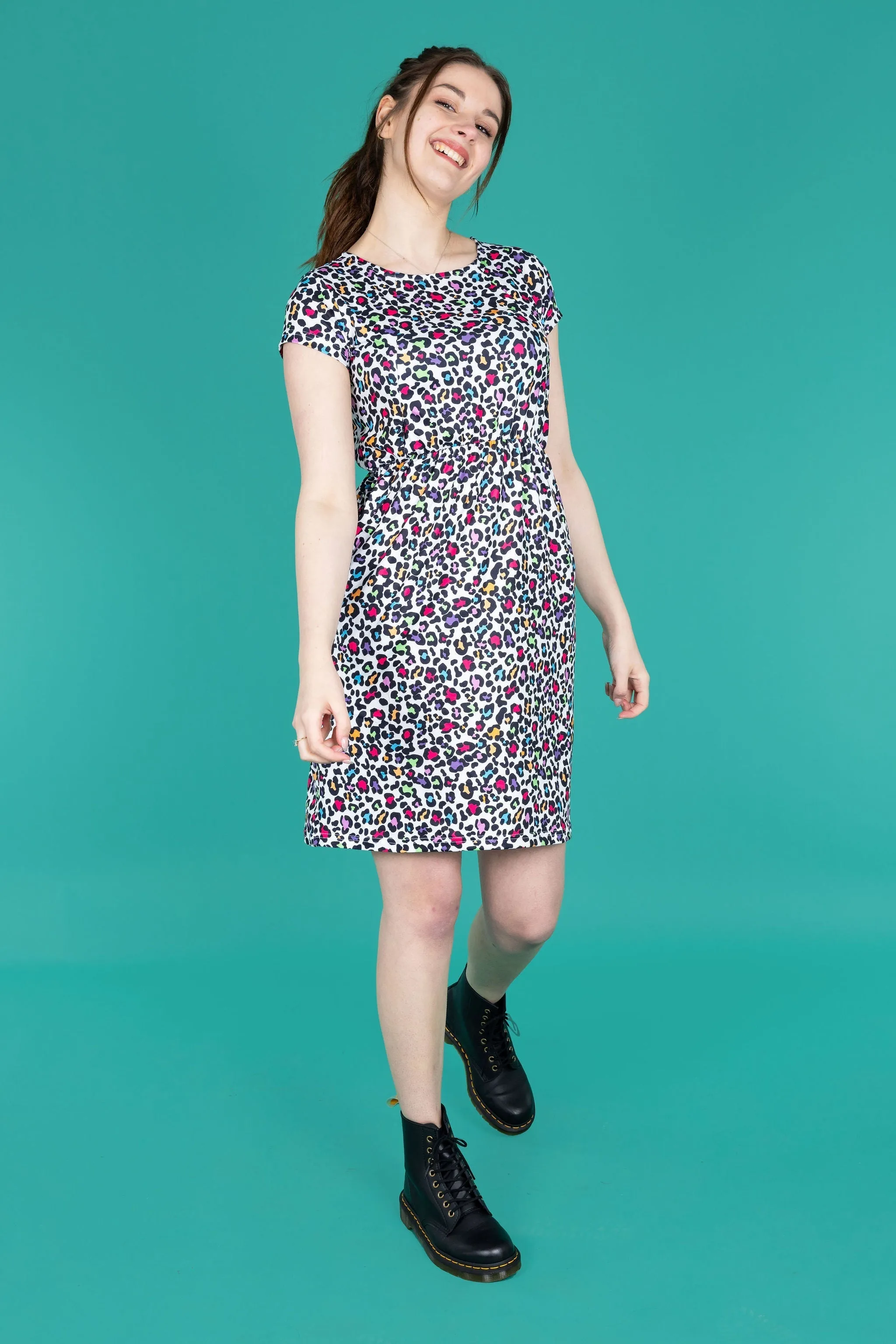 The Knee Length Breastfeeding Dress - Ruby Rainbow Leopard
