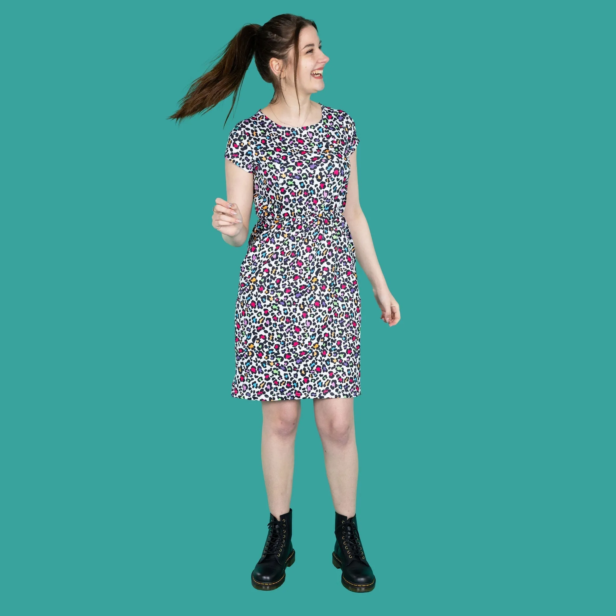 The Knee Length Breastfeeding Dress - Ruby Rainbow Leopard