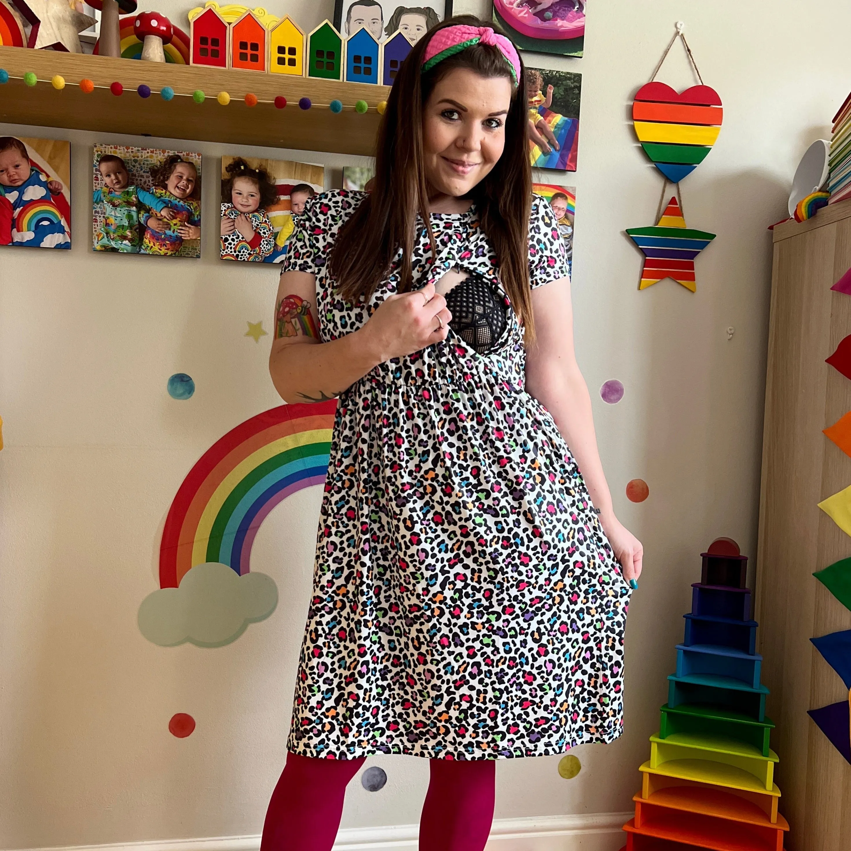 The Knee Length Breastfeeding Dress - Ruby Rainbow Leopard