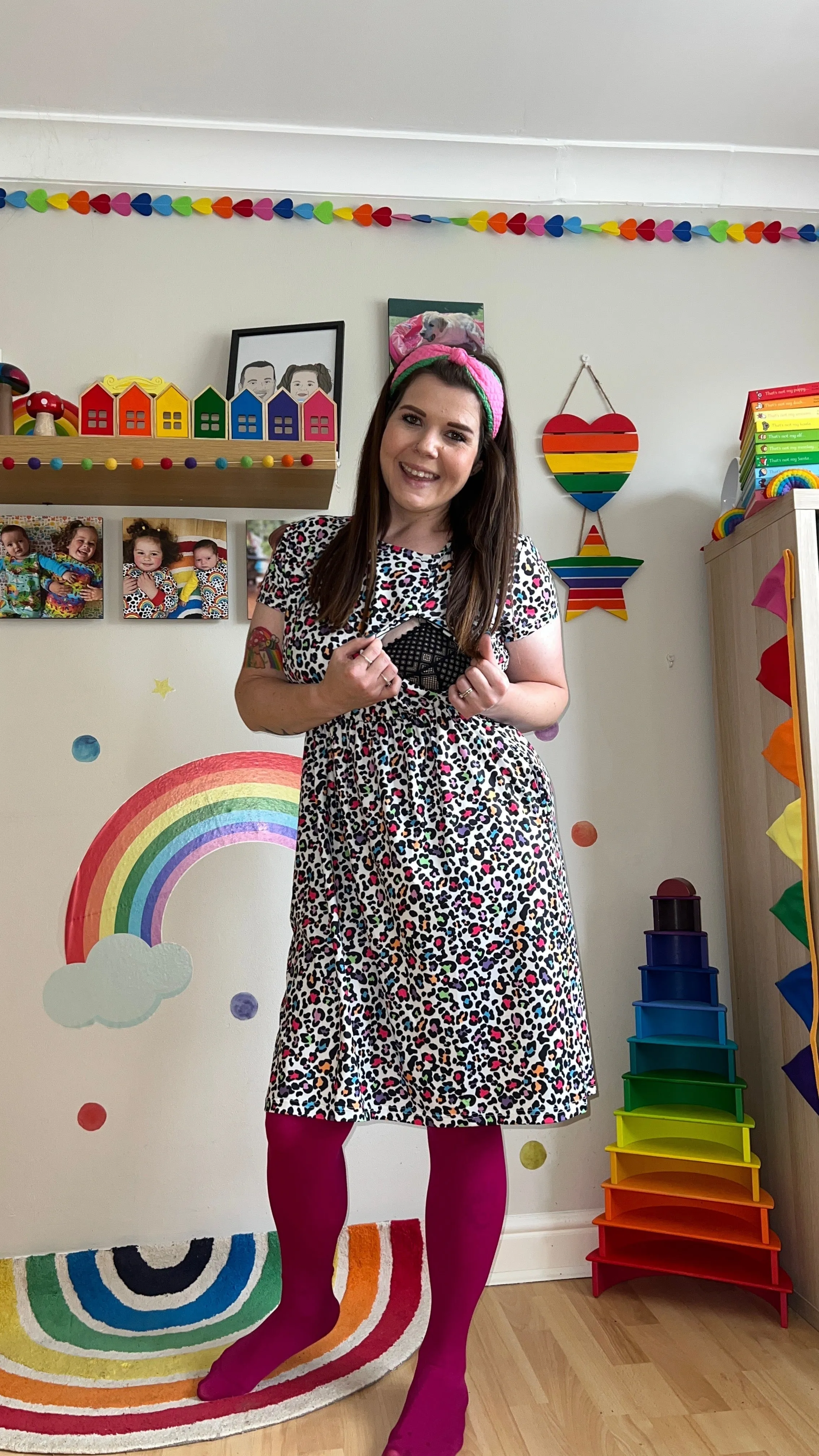 The Knee Length Breastfeeding Dress - Ruby Rainbow Leopard
