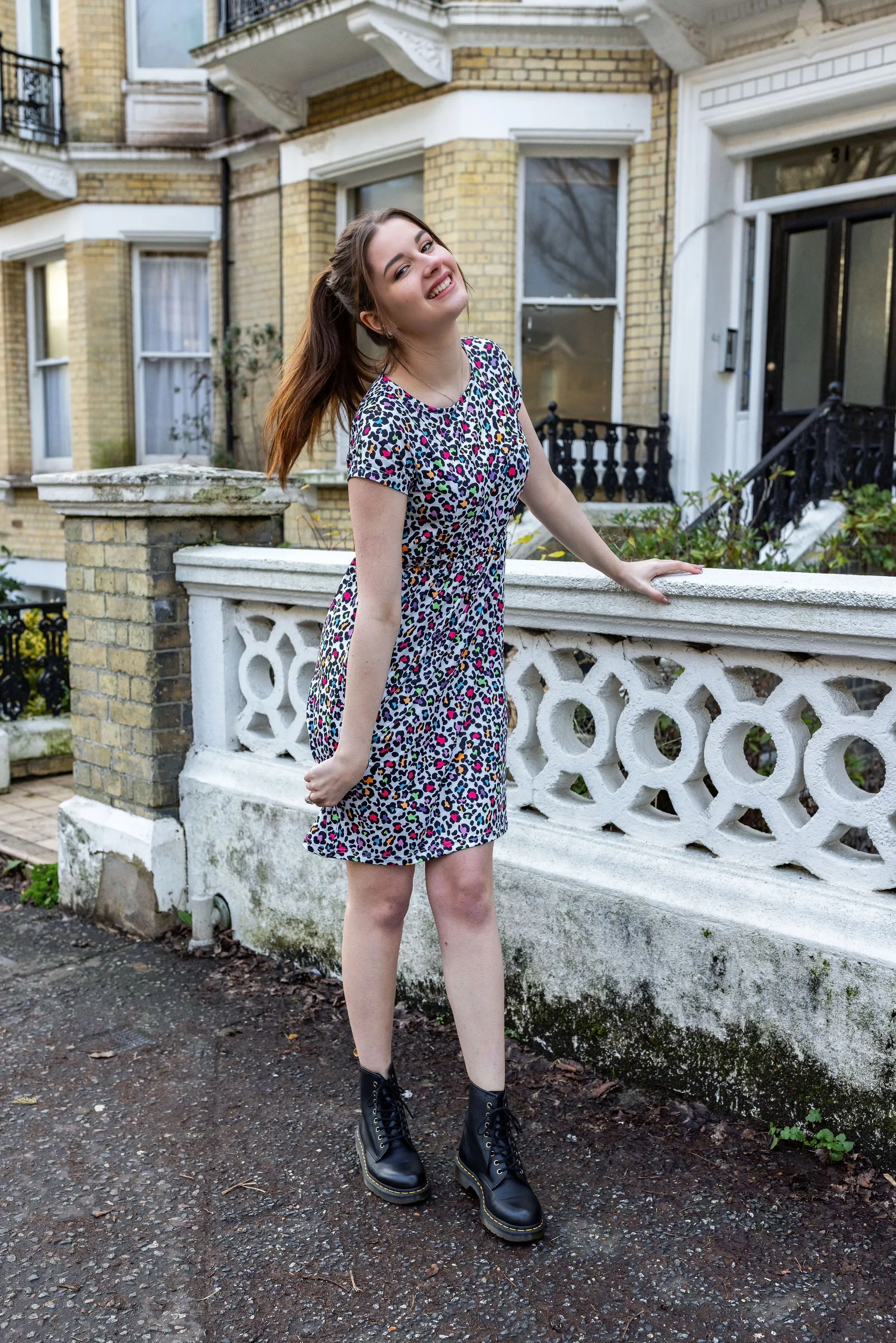 The Knee Length Breastfeeding Dress - Ruby Rainbow Leopard