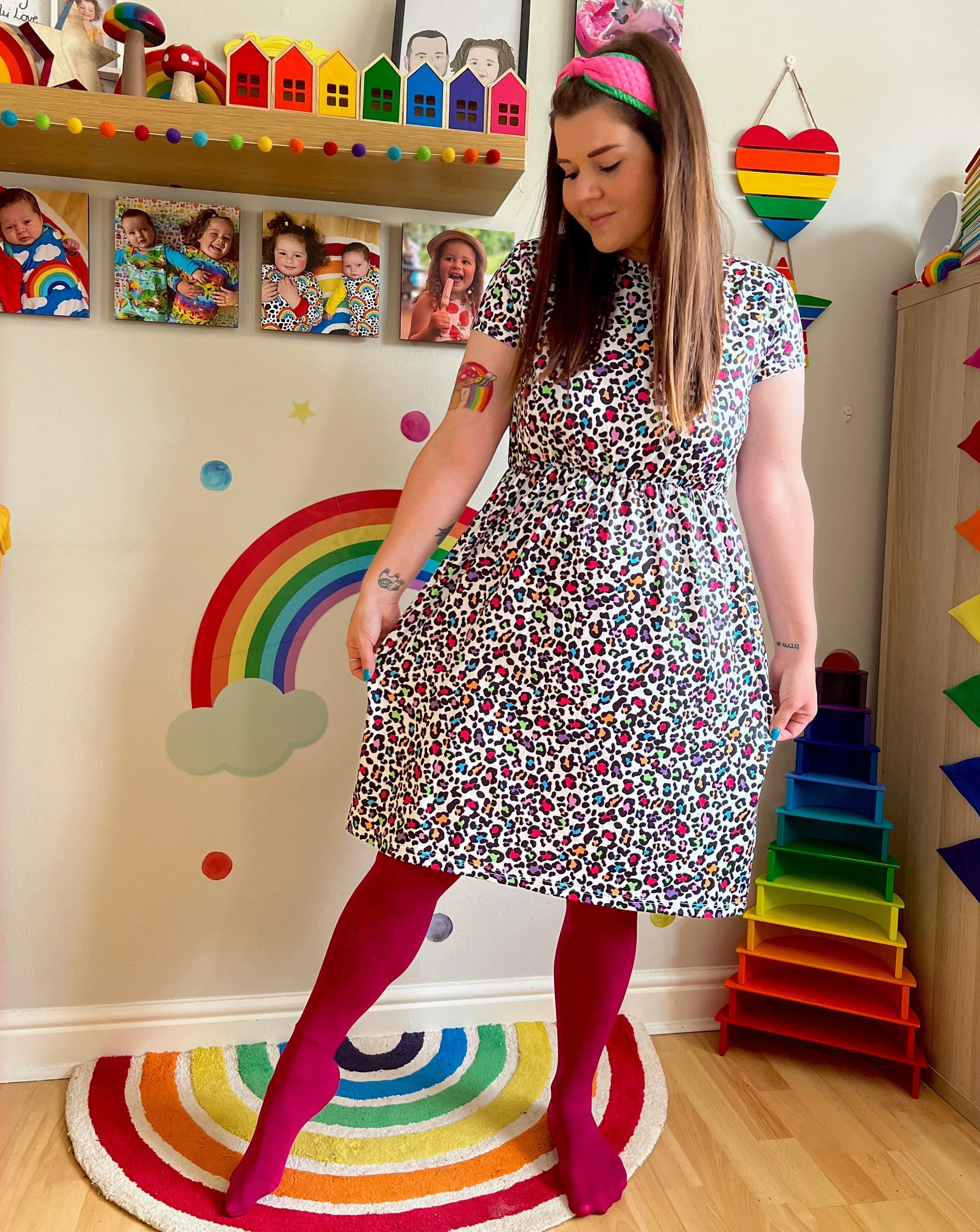 The Knee Length Breastfeeding Dress - Ruby Rainbow Leopard