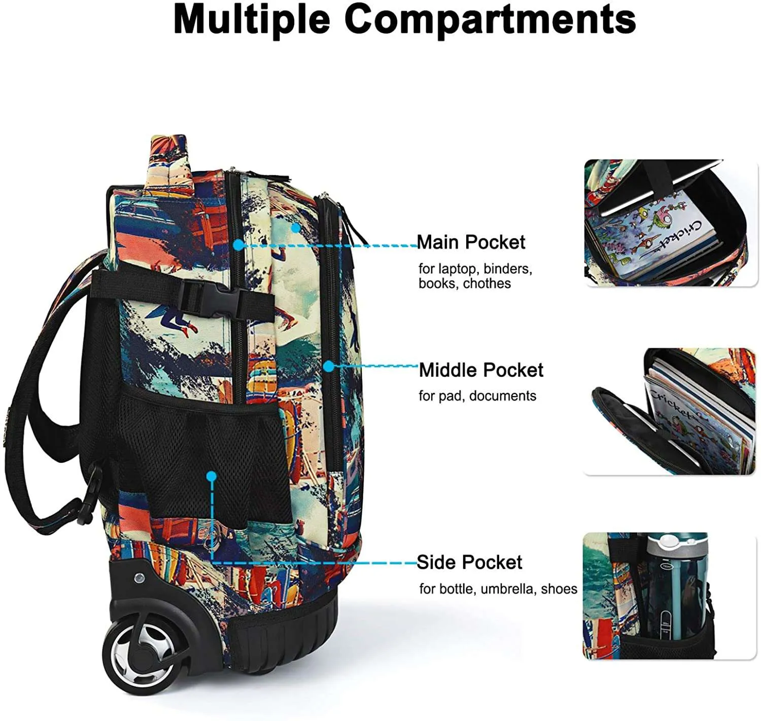 Tilami 19 inch Black Sport Boy Single Handle Rolling Backpack