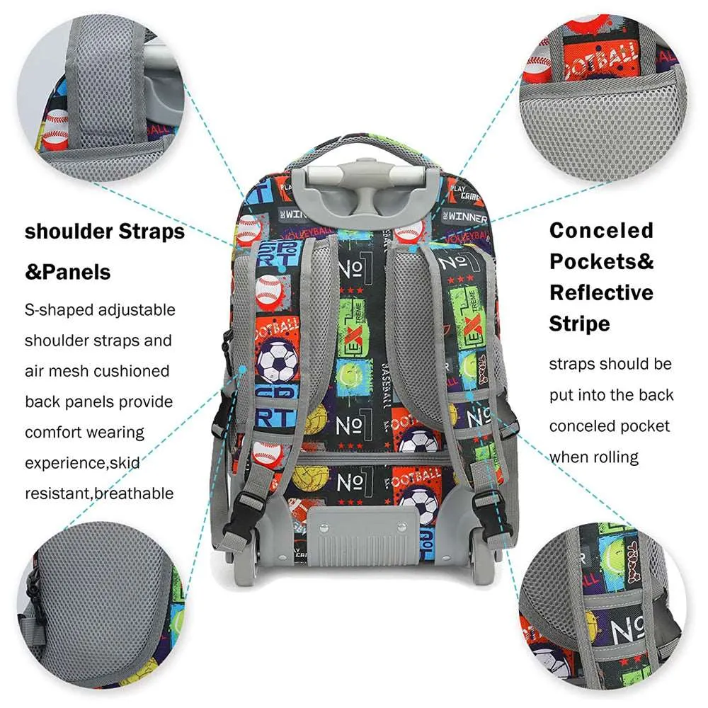 Tilami Black Sport Balls Rolling Backpack 18 inch Wheeled Backpack For Kids