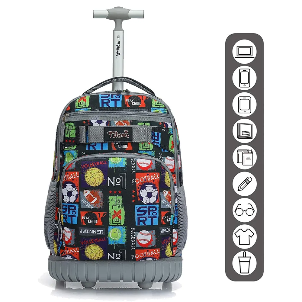 Tilami Black Sport Balls Rolling Backpack 18 inch Wheeled Backpack For Kids