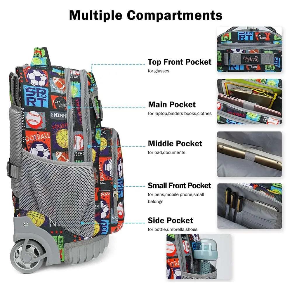 Tilami Black Sport Balls Rolling Backpack 18 inch Wheeled Backpack For Kids