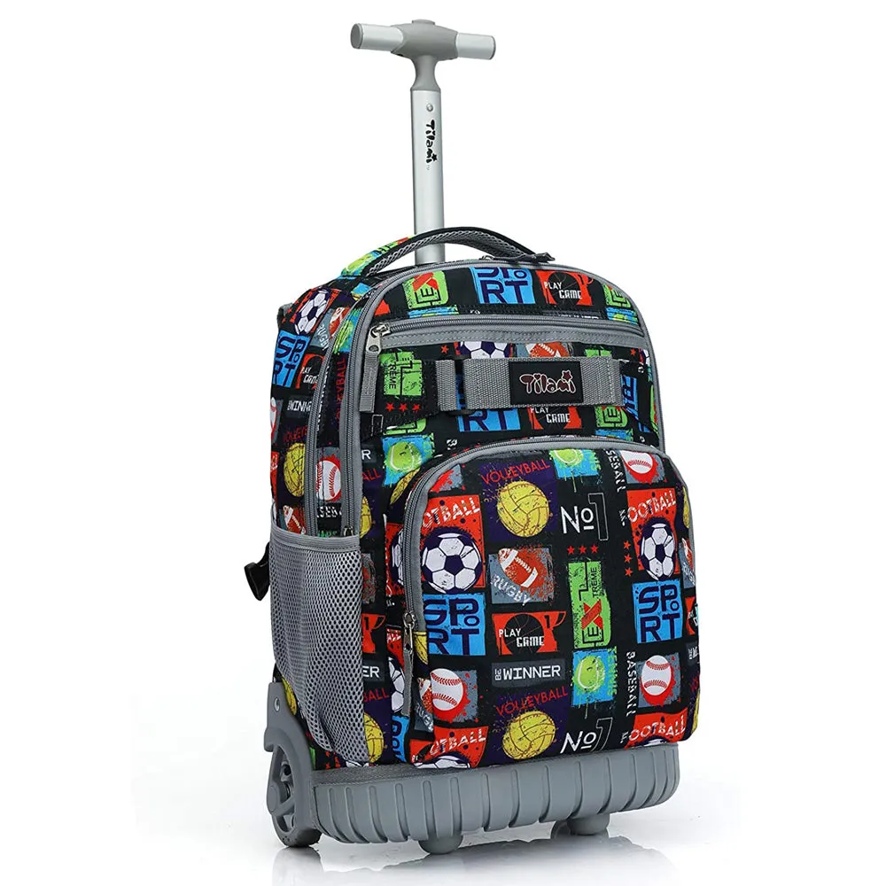 Tilami Black Sport Balls Rolling Backpack 18 inch Wheeled Backpack For Kids