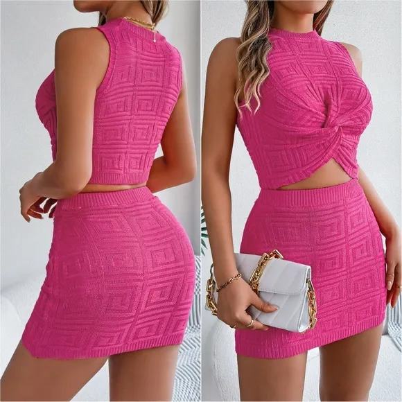 Twisted Charm Sweater Skirt Set - Pink