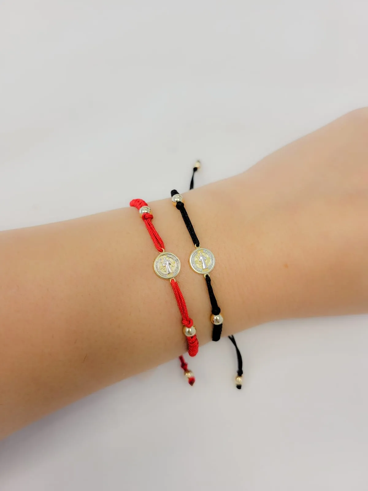 Two Tone Gold Miniature St Benedict Medal Macrame Bracelet