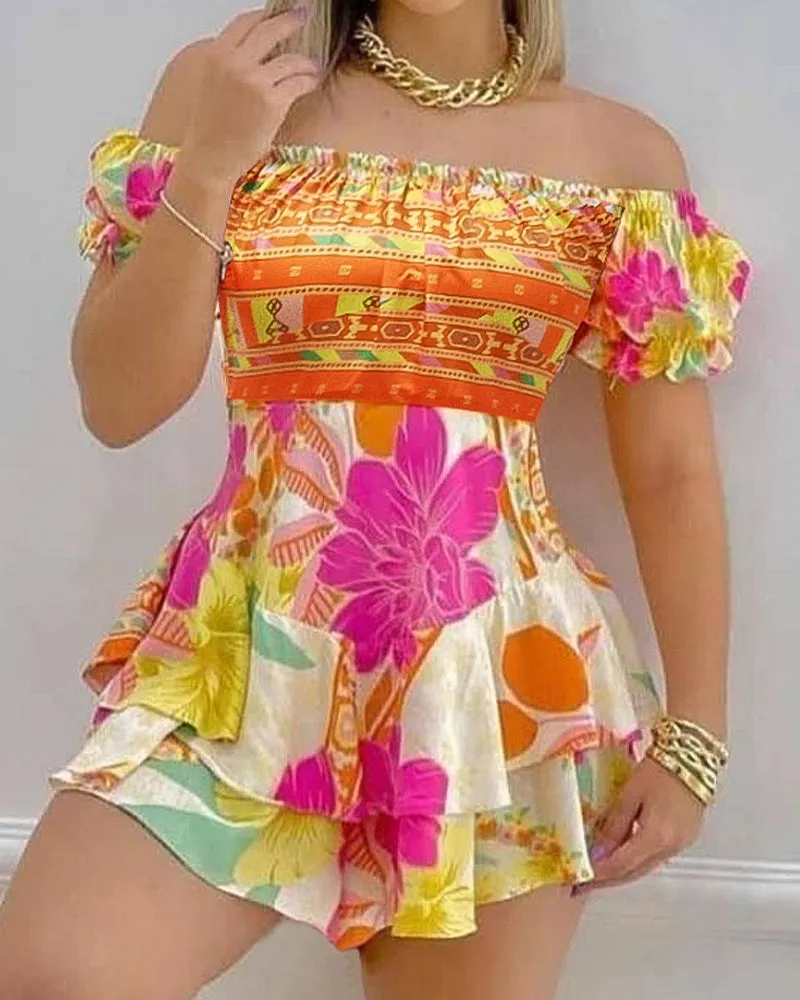 Vibrant Off-Shoulder Floral Ruffle Mini Dress with Boho Print