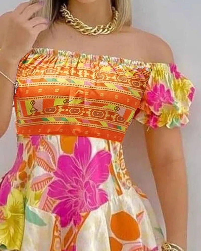 Vibrant Off-Shoulder Floral Ruffle Mini Dress with Boho Print