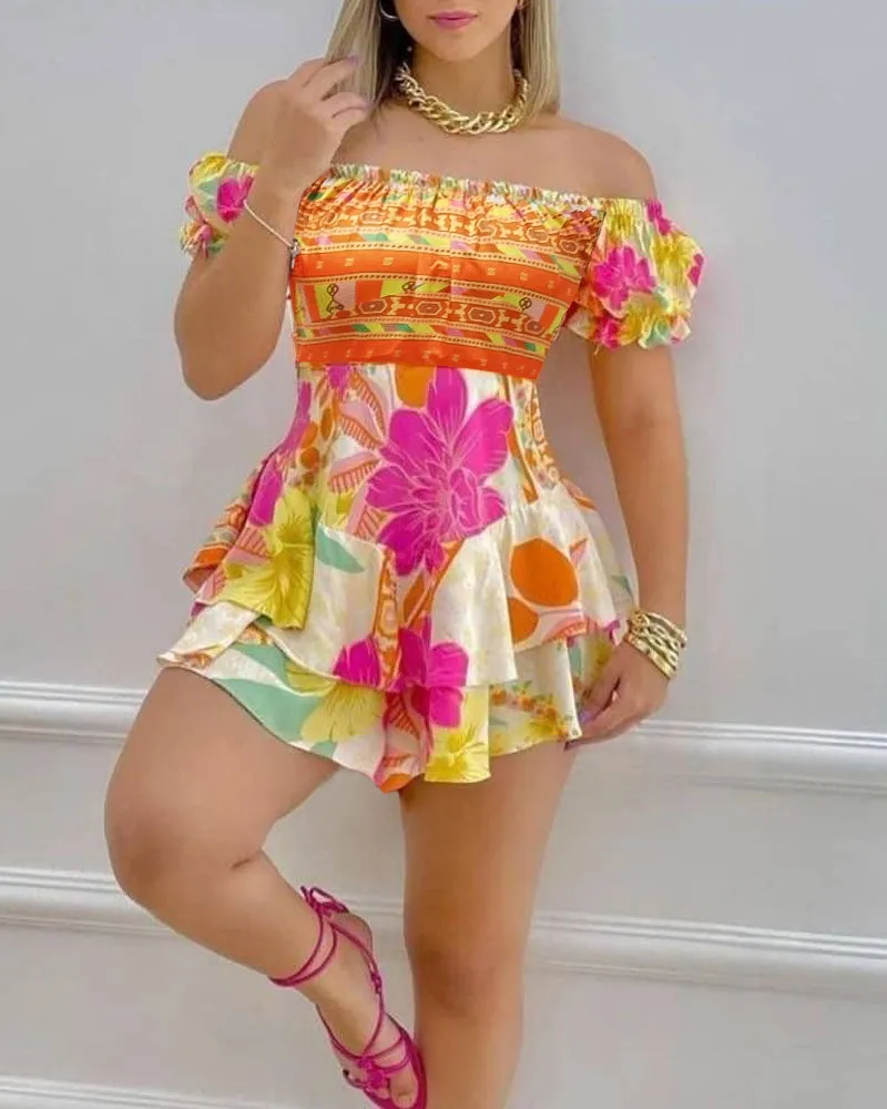 Vibrant Off-Shoulder Floral Ruffle Mini Dress with Boho Print