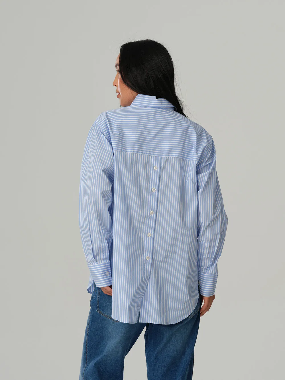 VILENA PIN STRIPE BUTTON DOWN SHIRT - LIGHT BLUE AND WHITE