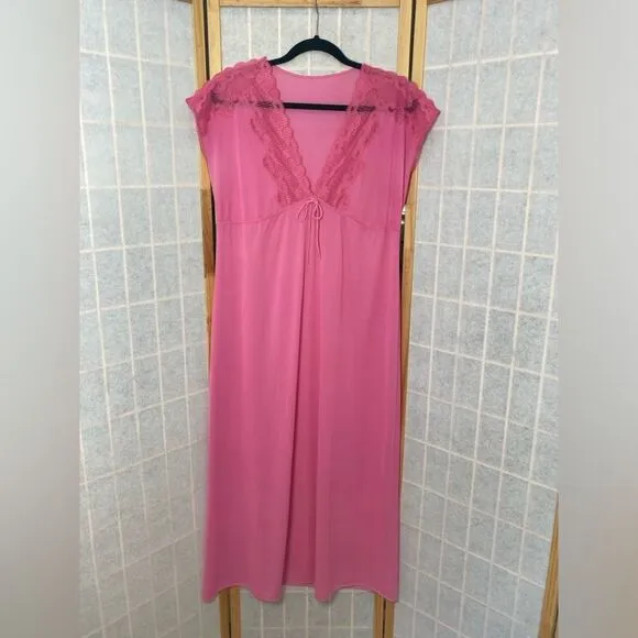 Vintage 70s Bright Pink Lace &amp; Silky Nylon Empire Waist Nightgown Dress