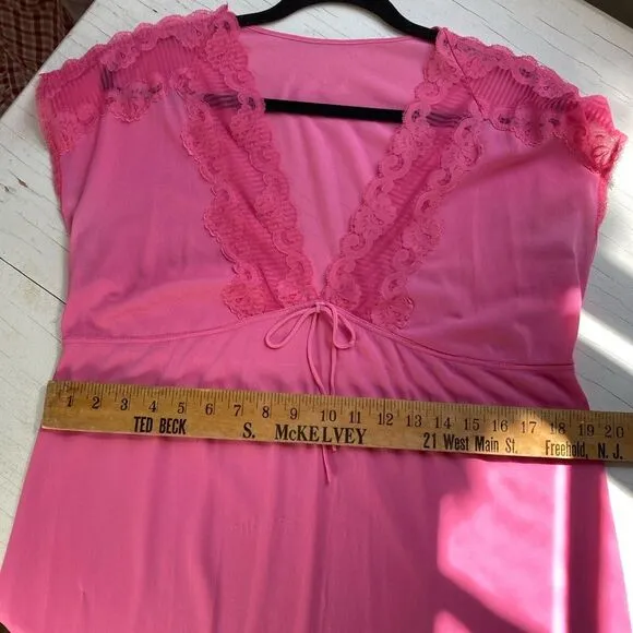 Vintage 70s Bright Pink Lace &amp; Silky Nylon Empire Waist Nightgown Dress