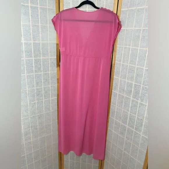 Vintage 70s Bright Pink Lace &amp; Silky Nylon Empire Waist Nightgown Dress