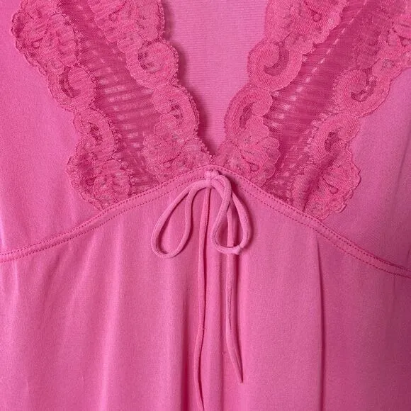 Vintage 70s Bright Pink Lace &amp; Silky Nylon Empire Waist Nightgown Dress