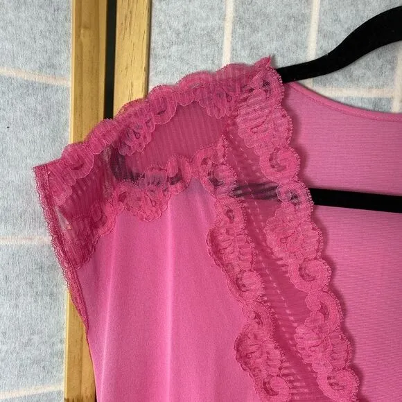 Vintage 70s Bright Pink Lace &amp; Silky Nylon Empire Waist Nightgown Dress
