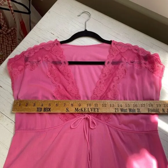 Vintage 70s Bright Pink Lace &amp; Silky Nylon Empire Waist Nightgown Dress
