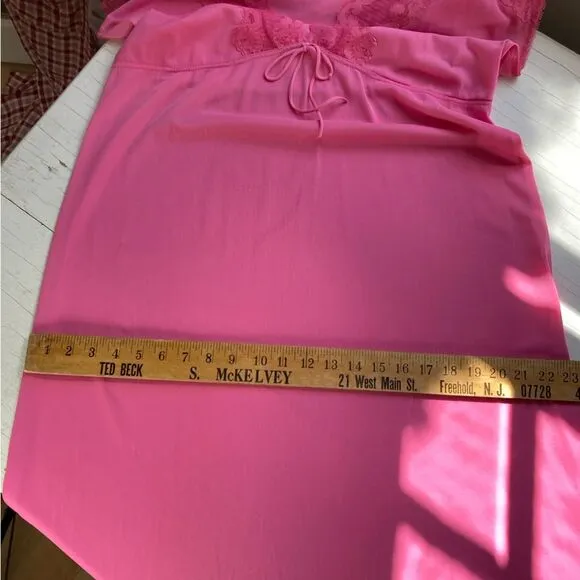 Vintage 70s Bright Pink Lace &amp; Silky Nylon Empire Waist Nightgown Dress