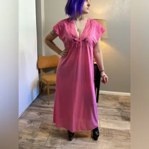 Vintage 70s Bright Pink Lace &amp; Silky Nylon Empire Waist Nightgown Dress