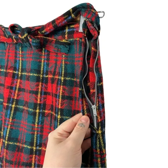 Vintage 90s Retro Grunge Belted Tartan Plaid Wool Midi Pencil Skirt Red
