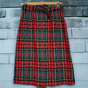Vintage 90s Retro Grunge Belted Tartan Plaid Wool Midi Pencil Skirt Red
