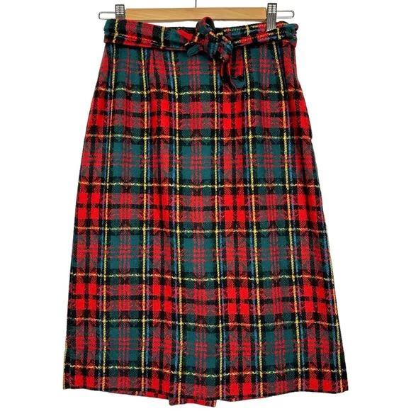 Vintage 90s Retro Grunge Belted Tartan Plaid Wool Midi Pencil Skirt Red