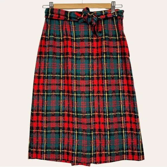 Vintage 90s Retro Grunge Belted Tartan Plaid Wool Midi Pencil Skirt Red