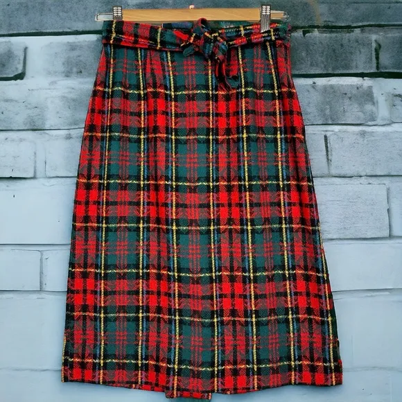 Vintage 90s Retro Grunge Belted Tartan Plaid Wool Midi Pencil Skirt Red