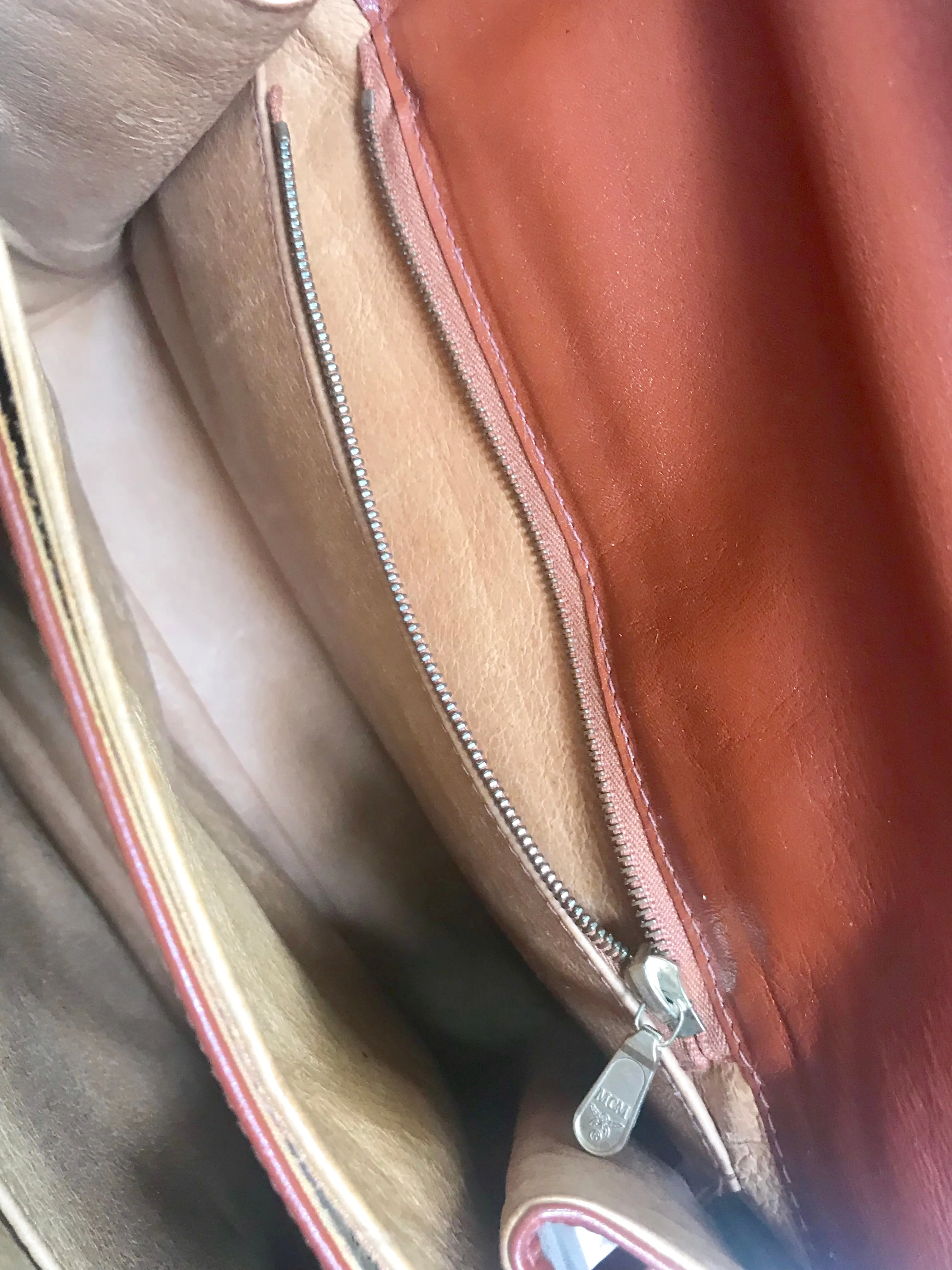 Vintage MCM classic brown monogram Kelly bag with golden logo plate. Perfect daily use bag.  By Michael Cromber, Germany