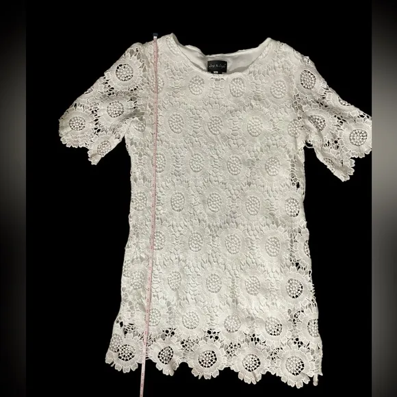 White crochet lace overlay short sleeve flower dress women’s S timeless style