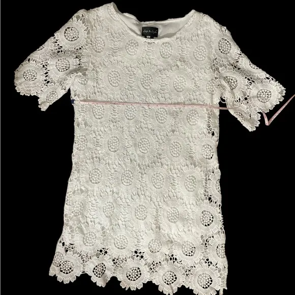White crochet lace overlay short sleeve flower dress women’s S timeless style