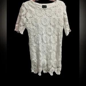 White crochet lace overlay short sleeve flower dress women’s S timeless style