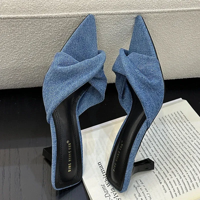 Women Outdoor Slippers High Heel Shoes 2024 Summer Footwear  Fashion Design Pointed Toe Ladies Slides Pumps Female Mules