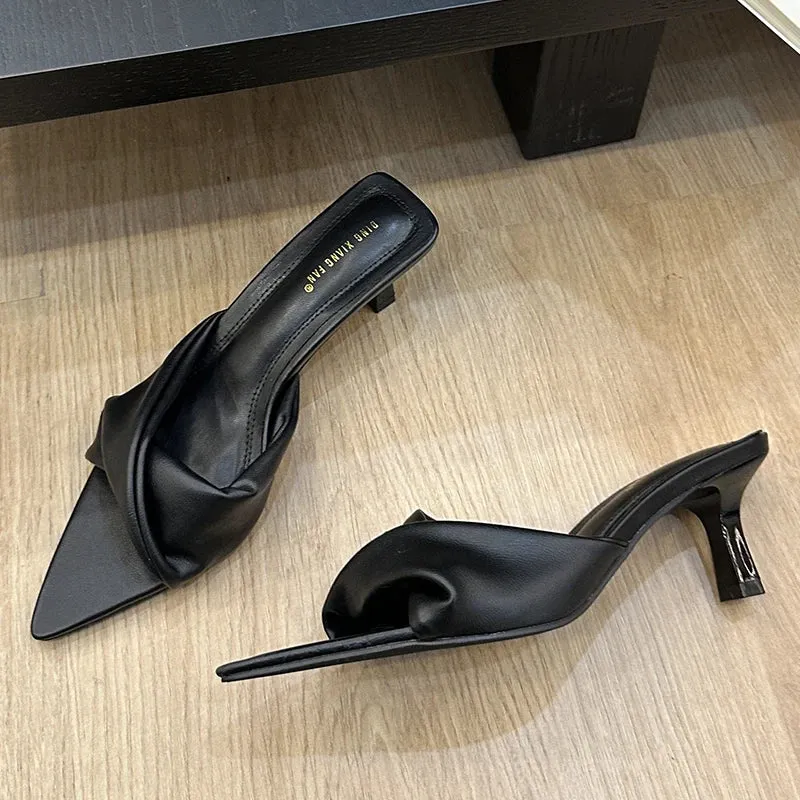 Women Outdoor Slippers High Heel Shoes 2024 Summer Footwear  Fashion Design Pointed Toe Ladies Slides Pumps Female Mules