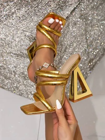 Women's High-Heeled Sandals, New Summer Comfortable And Versatile Women's Mules, Elegant And Fashionable Outdoor Golden Party Beach Wear Slippers With Square Toe