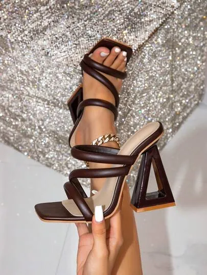 Women's High-Heeled Sandals, New Summer Comfortable And Versatile Women's Mules, Elegant And Fashionable Outdoor Golden Party Beach Wear Slippers With Square Toe